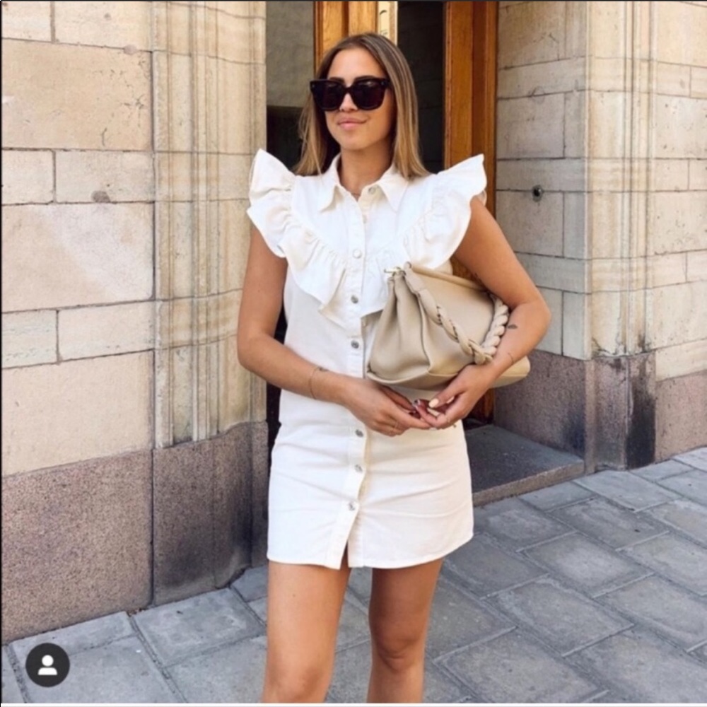 NWT - Zara White Ruffle Denim Dress